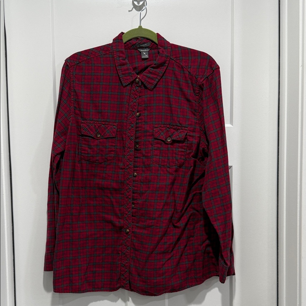 Eddie Bauer Red and Navy Plaid Button-Up Shirt